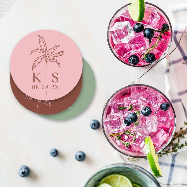 Custom Palm Tree Monogram Save the Date Logo Round Paper Coaster (Creator Uploaded)
