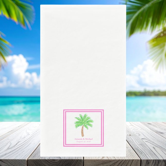 Custom Palm Tree Wedding / Names Date Pink Border Napkin (Creator Uploaded)