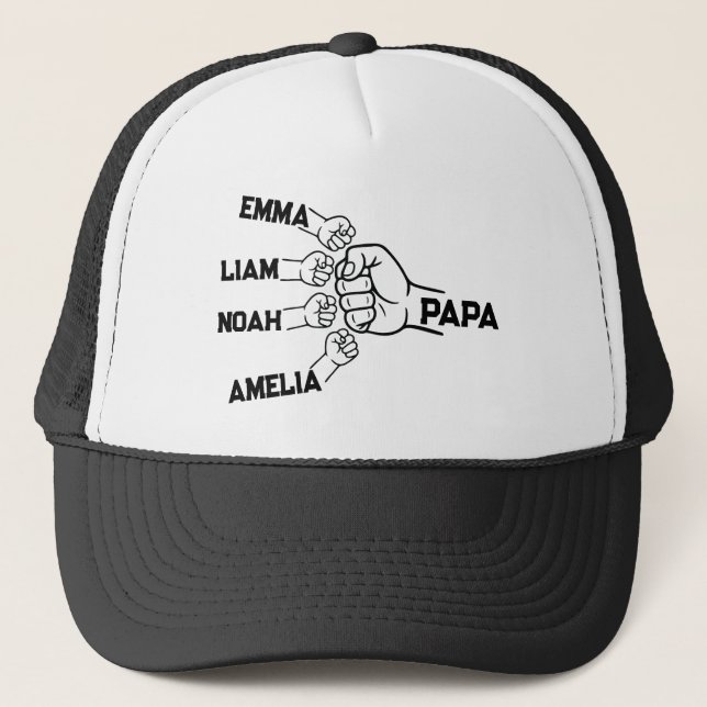 Custom Papa Fist Bump Trucker Hat with 4 Names (Front)