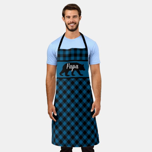 Custom Papa Mama Bear On Blue Black Buffalo Checks Apron (Worn)
