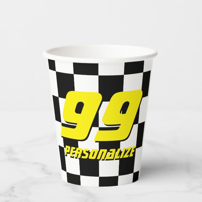 Custom paper cups with chequered auto racing flag (Front)