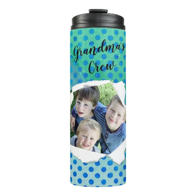 Custom Paper Hole Photo Blue Polka Dot Template Thermal Tumbler (Front)