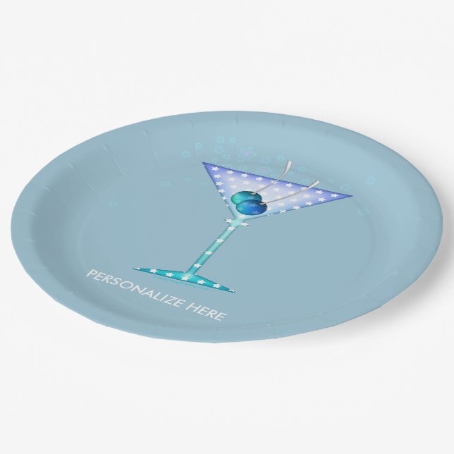 CUSTOM PAPER PLATES, BLUE MARTINI DESIGN PLATE (Angled)