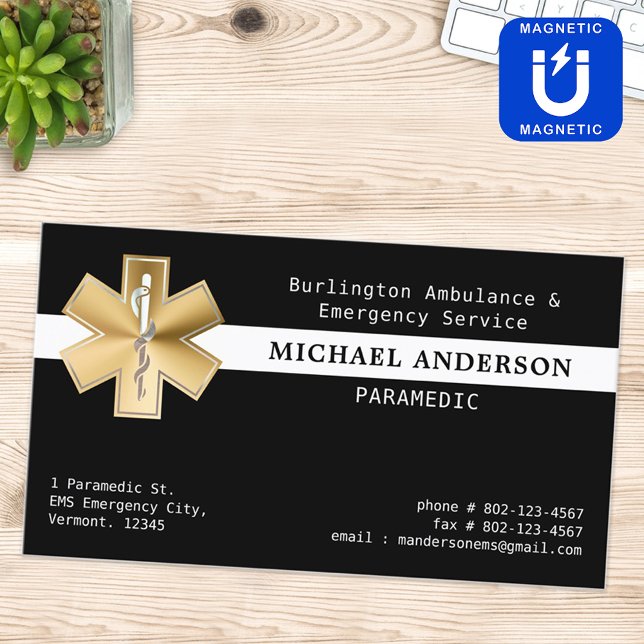Custom Paramedic EMS EMT Ambulance Gold Logo Magnetic Business Card (Creator Uploaded)