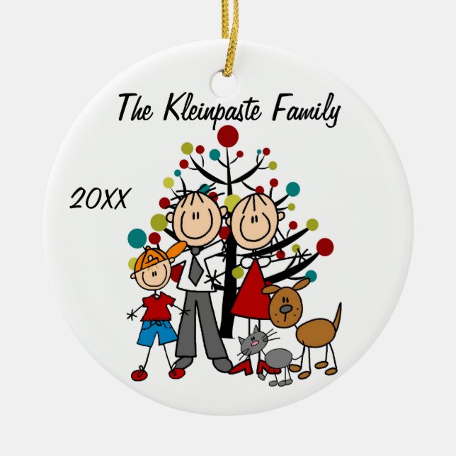 Custom Parents, Boy, Dog, Cat Holiday Ornament (Front)