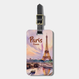 Custom Paris France Eiffel Tower Sunset Watercolor Luggage Tag
