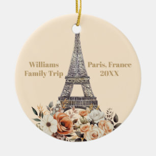 Custom Paris Trip Eiffel Tower Floral Christmas Ceramic Ornament