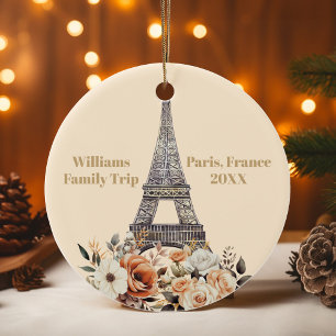 Custom Paris Trip Eiffel Tower Floral Christmas Ceramic Ornament