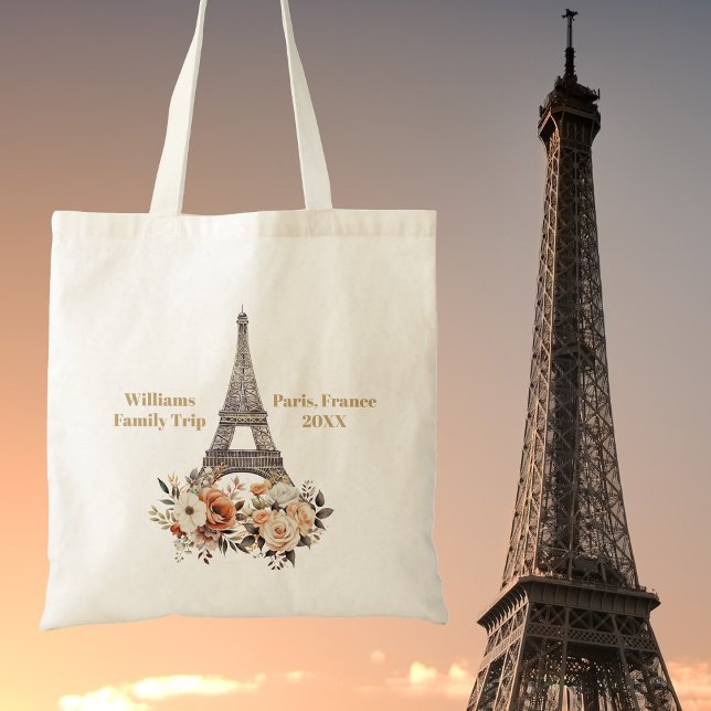 Custom Paris Trip Eiffel Tower Floral Tote Bag (Creator Uploaded)