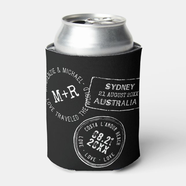 Custom Passport Destination Wedding Favour Black Can Cooler (Can Front)