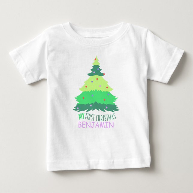Custom Pastel and Cute My First Christmas Name Baby T-Shirt (Front)