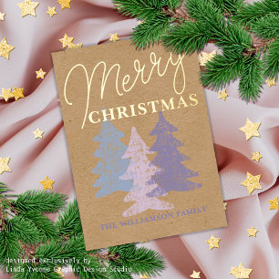 Custom Pastel Blue Blush Pink Violet Trees Gold Foil Holiday Postcard
