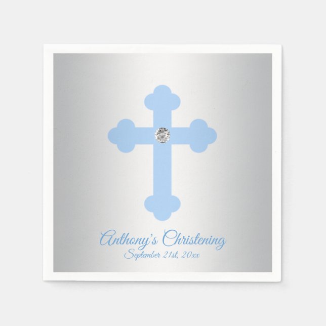 Custom Pastel Blue Boy Cross CHRISTENING BAPTISM Napkin (Front)