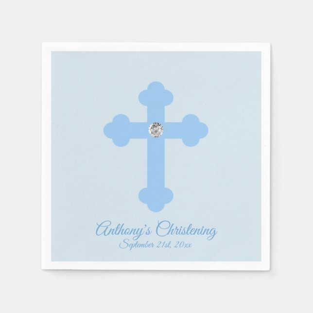 Custom Pastel Blue Boy Cross CHRISTENING BAPTISM Napkin (Front)