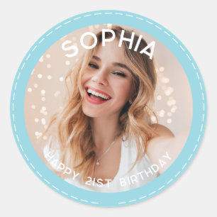Custom pastel blue Modern 21st Birthday Photo Classic Round Sticker
