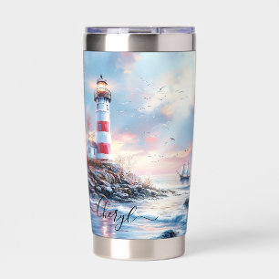 Custom Pastel Horizon and Illuminated Lighthouse Insulated Tumbler