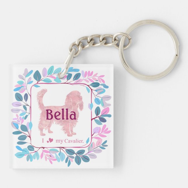 Custom pastel pink cavalier Photo & Name Key Ring (Back)