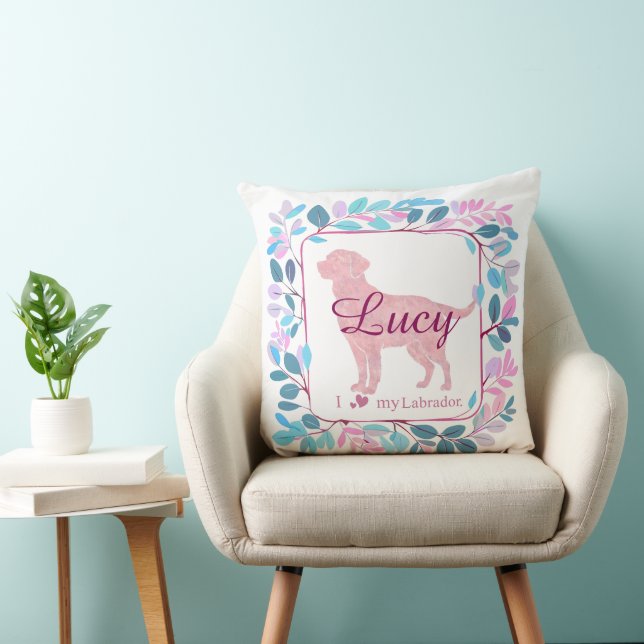 Custom pastel pink Labrador Retriever throw pillow (Chair)