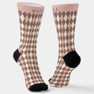 Custom Pastel Pink Yellow Brown Argyle Pattern Socks