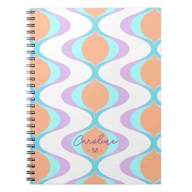 Custom Pastel Violet Orange Aqua Blue Ogee Waves Notebook (Front)