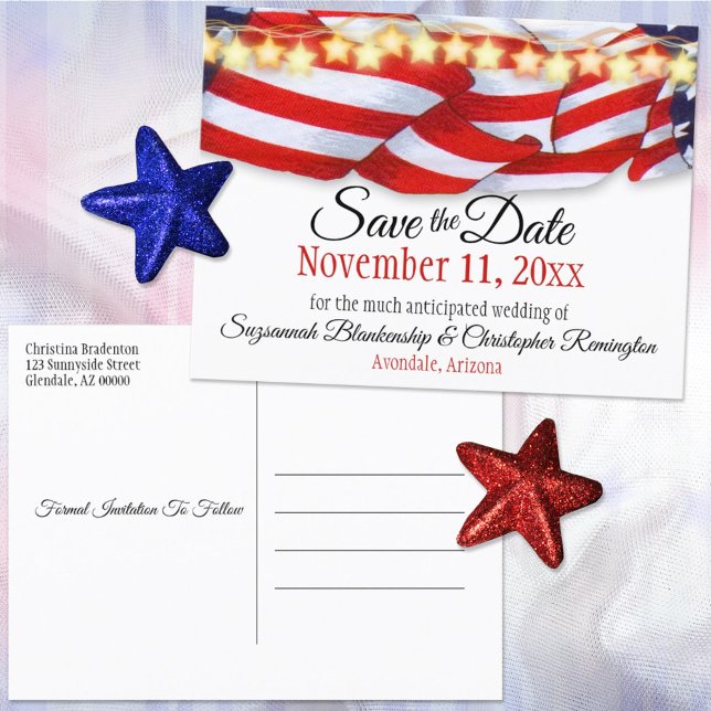 Custom Patriotic Bunting Stars Save The Date Announcement Postcard (Creator Uploaded)