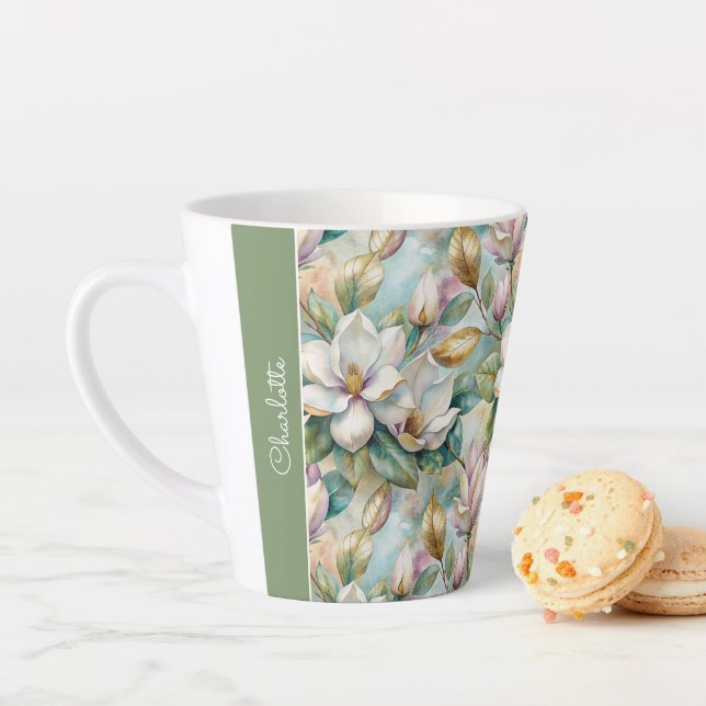 Custom Pattern Elegant Magnolia Flowers Latte Mug (In Situ)
