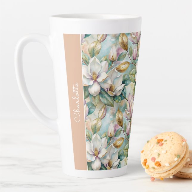 Custom Pattern Elegant Magnolia Flowers Latte Mug (In Situ)