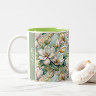 Custom Pattern Elegant Magnolia Flowers Two-Tone Coffee Mug