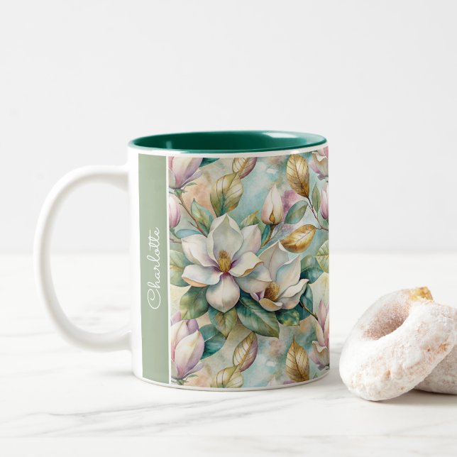 Custom Pattern Elegant Magnolia Flowers Two-Tone Coffee Mug (With Donut)