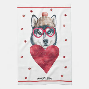 Custom Paws Dog Lover Valentine Gift Husky Tea Towel
