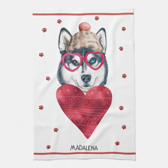 Custom Paws Dog Lover Valentine Gift Husky Tea Towel (Vertical)