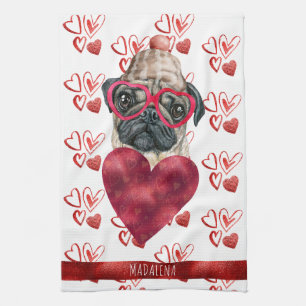 Custom Paws Dog Lover Valentine Gift Pug Tea Towel
