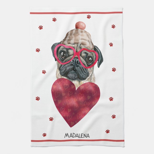 Custom Paws Dog Lover Valentine Gift Pug Tea Towel (Vertical)