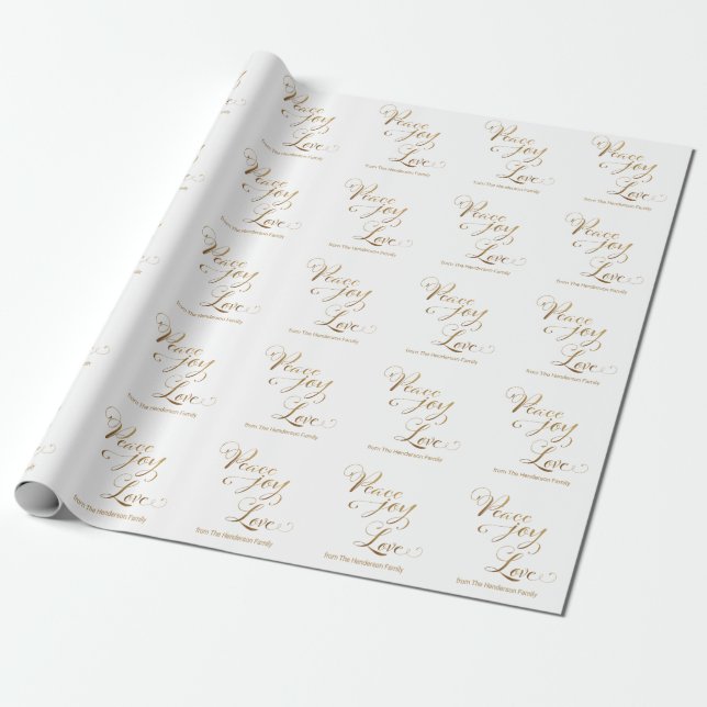 Custom Peace Joy Love Gold White Christmas Wrapping Paper (Unrolled)