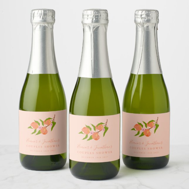 Custom Peach Fruit Boho Couples Shower Mini Sparkling Wine Label (Bottles)