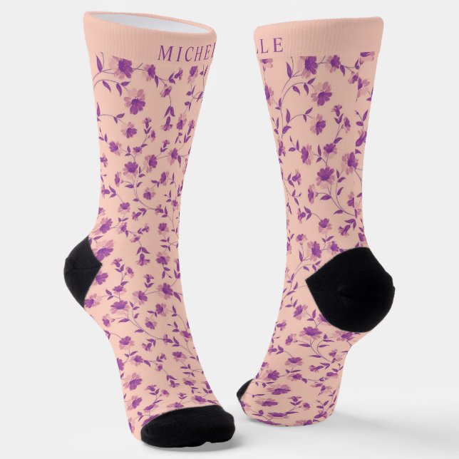 Custom Peach Pink Floral Purple Flowers Socks (Angled)