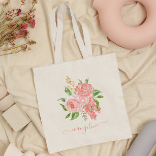 Custom Peach Pink Rose Floral Watercolor Pretty Tote Bag
