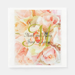 Custom Peach Watercolor Roses Wedding Napkin