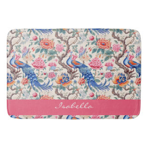 Custom Peacock Chinoiserie Asian Floral Landscape Bath Mat