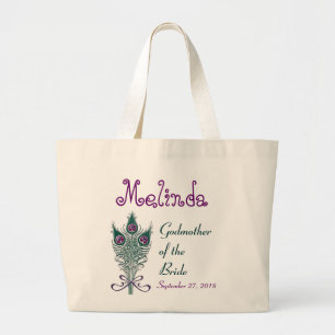 Custom Peacock Feather Teal Purple Bridesmaid Large Tote Bag