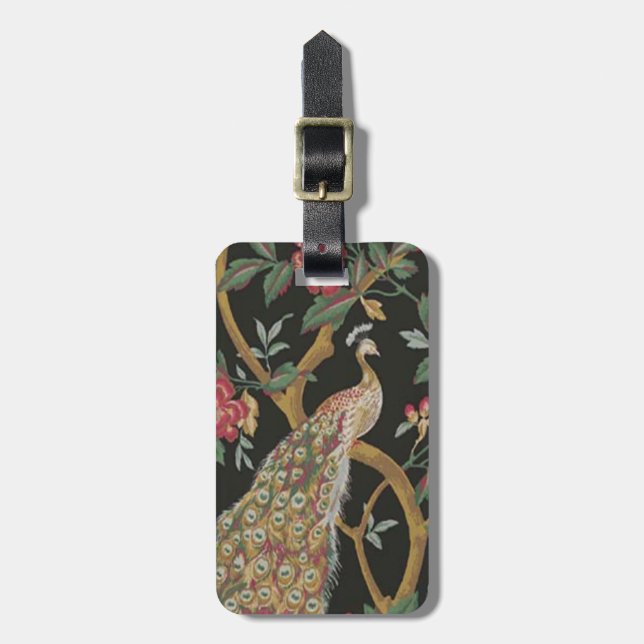 Custom Peacock On Black Luggage Tag (Front Vertical)