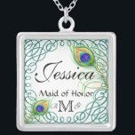 Custom Peacock Personalised Maid of Honour Silver Plated Necklace<br><div class="desc">Featuring two hand painted peacock feathers and a frame of calligraphic swirls, this design is both contemporary and timeless! Change the date, change the font if you like another better and then select your swirl colour by changing the background colour and you have an awesome bridal party gift or wedding...</div>