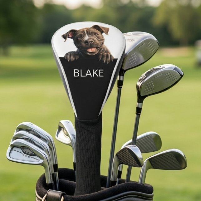 Custom Peeking Pibull Dog Minimalist Name Golf Head Cover (pitbull golf head cover 1)