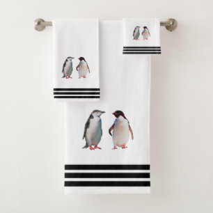 Custom Penguins & Three Black Stripes on White Bath Towel Set