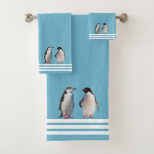Custom Penguins & Three Stripes on Light Teal Bath Towel Set