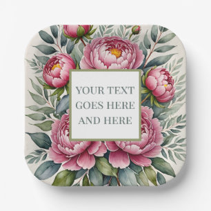 custom peony rose pink watercolor flowers paper plate