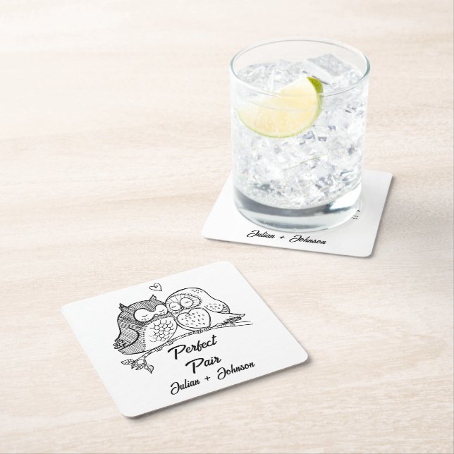 Custom perfect pair matching couple square paper coaster (Insitu)