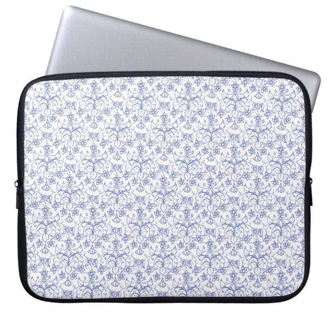 Custom Periwinkle Blue on White Decorative Floral Laptop Sleeve (Front)