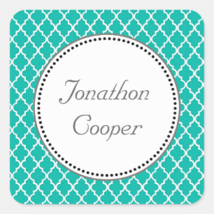 Custom personalise teal quatrefoil monogram square sticker