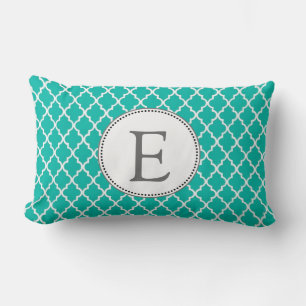 Custom personalise teal quatrefoil pattern monogra lumbar cushion